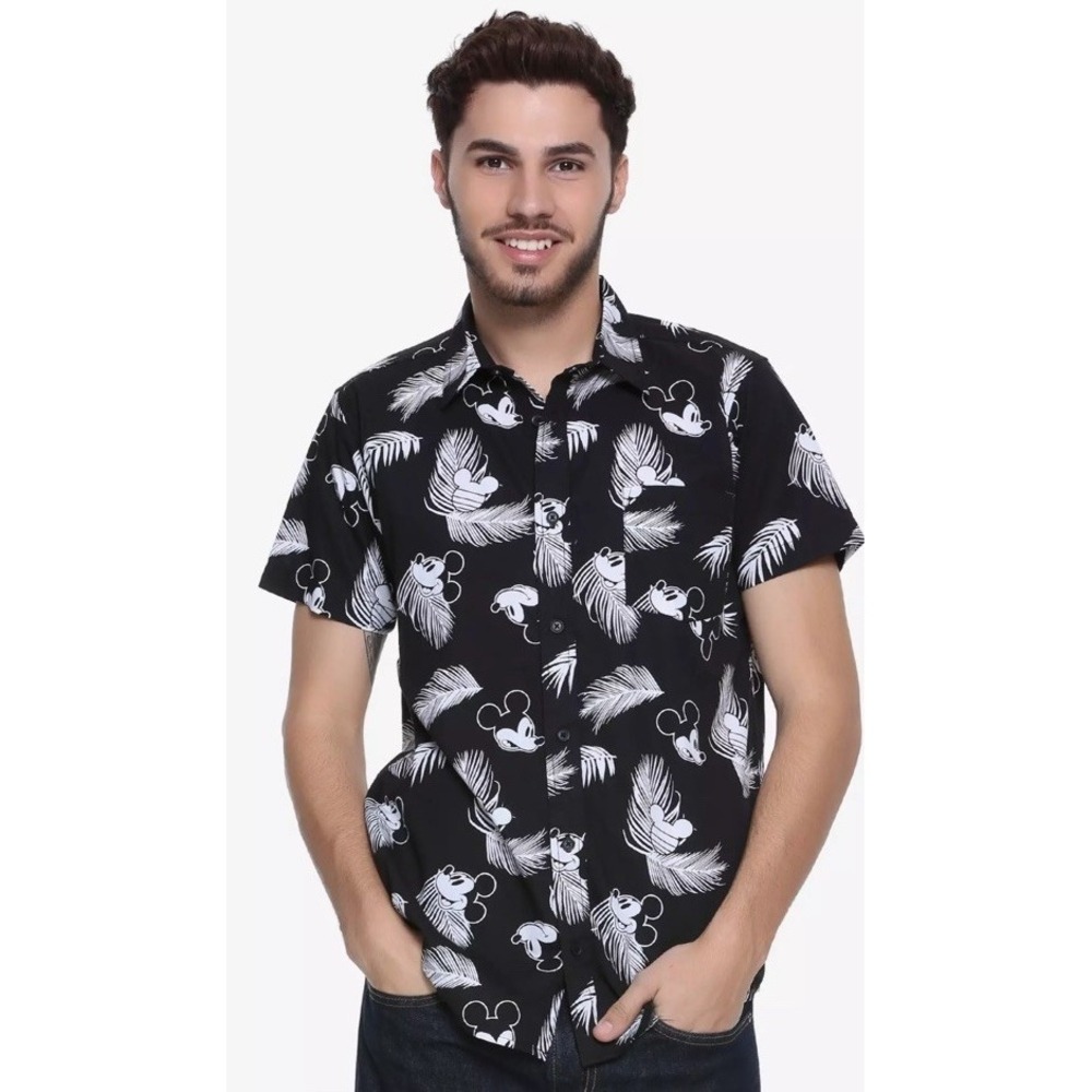 Box Lunch Tonal Tropical‎ Mickey Mouse Hawaian Shirt Men's Sz Medium Black White